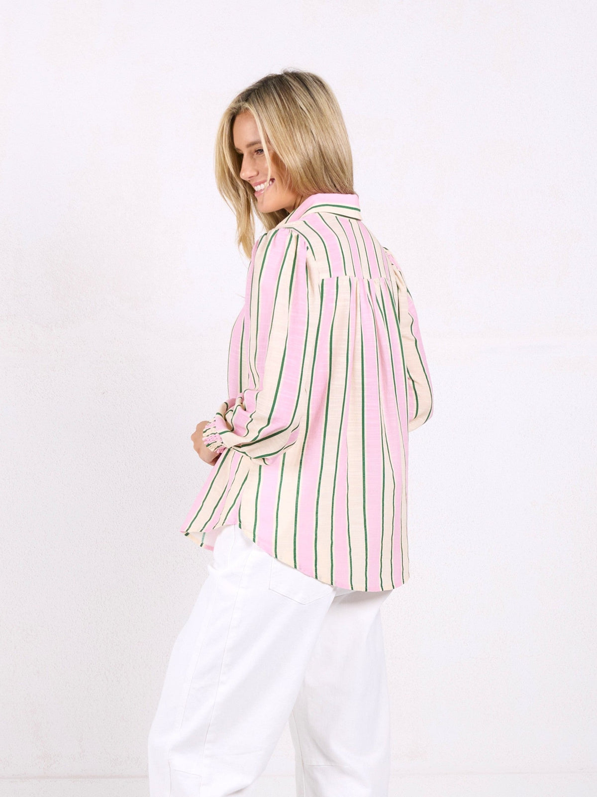ALEXA SHIRT - PINK/GREEN STRIPE – www.monacojeans.com